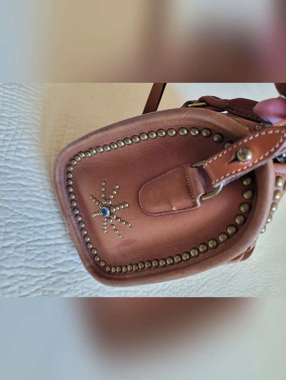 Coach Tan Leather Satchel with Turquoise Sunburst Accent - Picture 11 of 16